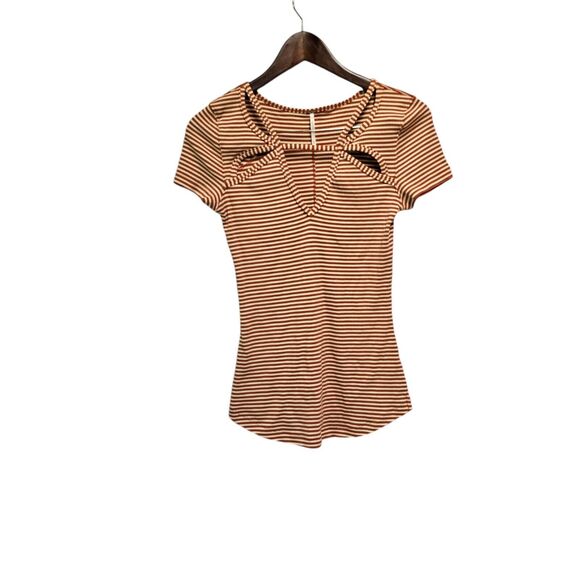 FREE PEOPLE‎ Frenchie Cut Out Top Short Sleeve Stripe Cayenne Small - Picture 6 of 7